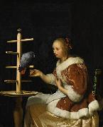 A Young Woman in a Red Jacket Feeding a Parrot Frans van Mieris